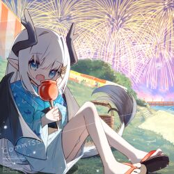  1girl :d aerial_fireworks animal_print black_sandals black_wings blue_eyes blue_kimono candy_apple commentary_request commission dragon_girl dragon_horns dragon_tail dragon_wings fang fireworks fish_print food goldfish_print hair_between_eyes hair_intakes holding holding_food horns japanese_clothes kimono long_hair long_sleeves looking_at_viewer market_stall obi original people pier pointy_ears print_kimono sandals sash short_kimono sitting skeb_commission smile solo_focus summer_festival tail very_long_hair water watermark white_hair wide_sleeves wings yuuhagi_(amaretto-no-natsu) 