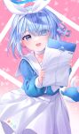  1girl :d absurdres arona_(blue_archive) bangs blue_archive blue_eyes blue_hair envelope hair_over_one_eye headband highres holding holding_envelope long_sleeves looking_at_viewer open_mouth pomeo_dayo sailor_collar school_uniform short_hair skirt smile solo white_skirt 