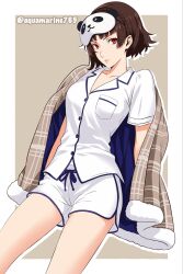  1girl aquamarine725 arm_support artist_name blanket border breasts brown_background brown_hair brown_hairband buttons commentary english_commentary eyelashes hair_behind_ear hairband highres invisible_chair leaning_back looking_at_viewer niijima_makoto pajamas persona persona_5 persona_5_the_royal pink_lips red_eyes shirt short_hair short_shorts shorts simple_background sitting sleep_mask slim_legs small_breasts solo white_border white_pajamas white_shirt white_shorts 