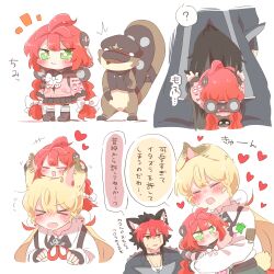  1boy 2girls :3 :d ahoge alice_thymefield animal_ears black_gloves black_sailor_collar black_shoes black_skirt blonde_hair blush bow bowtie chibi closed_eyes closed_mouth collared_shirt colored_bangs commentary_request dog_boy dog_ears fingerless_gloves gloves green_eyes hair_bow hair_ornament heart hug kamanosuke_(zenless_zone_zero) komano_manato long_hair long_sleeves multicolored_hair multiple_girls open_mouth pink_sweater pleated_skirt rabbit_ears rabbit_girl rebecca_(keinelove) red_hair sailor_collar shirt shoes simple_background skirt smile socks sphere_hair_ornament sweater translation_request two-tone_hair ukinami_yuzuha very_long_hair white_background white_bow white_bowtie white_shirt white_socks zenless_zone_zero 