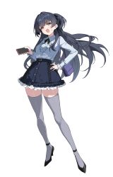 1girl absurdres bag black_hair black_ribbon black_shoes black_skirt blush breasts brown_eyes cellphone collared_shirt cross-laced_clothes cross-laced_skirt fang floating_hair full_body grey_thighhighs hair_ribbon hand_on_own_hip high_heels highres holding holding_phone idolmaster idolmaster_shiny_colors long_hair long_sleeves looking_at_viewer mayuzumi_fuyuko neck_ribbon open_mouth phone purple_bag ribbon shirt shoes shoulder_bag simple_background skirt smartphone solo sweat tamago_(eva1314056) thigh-highs two_side_up white_background white_shirt zettai_ryouiki 