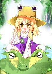  1girl absurdres animal_print anime_coloring blonde_hair combat2000_(kuroneko) commentary_request frog frog_print hat highres long_hair long_sleeves looking_at_viewer moriya_suwako outdoors rectangular_pupils scarf squatting thigh-highs touhou white_scarf white_thighhighs wide_sleeves yellow_eyes yellow_hat 