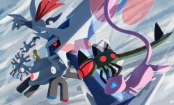  animal_focus black_sclera blue_eyes blue_skin bug colored_sclera colored_skin commentary_request dialga ewokakukaede floating from_side glowing glowing_eyes highres insect_wings magnemite magnet magneton magnezone metal_skin mew_(pokemon) no_humans one-eyed pokemon pokemon_(creature) pokemon_focus radio_antenna red_eyes screw solo tail wings yanmega yellow_background 