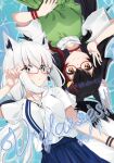  2girls adjusting_eyewear animal_ear_fluff animal_ears bangs black_bow black_hair blue_skirt blush borumete bow commentary_request dress fox_ears fox_girl fox_tail glasses green_dress green_eyes hair_between_eyes hair_bow hololive long_hair looking_at_viewer multicolored_hair multiple_girls ookami_mio redhead shirakami_fubuki shirt short_sleeves sidelocks skirt smile streaked_hair tail virtual_youtuber white_hair white_shirt wolf_ears wolf_girl yellow_eyes 