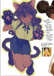  1girl :3 :d animal_ear_fluff animal_ears animal_feet animal_hands animal_nose bare_arms bare_legs bell black_bow black_hair black_ribbon black_tail blush bow brown_hair buttons cat_ears cat_girl cat_paws cat_tail curly_hair dark-skinned_female dark_skin double-parted_bangs double_bun english_text feet_up_heels_up flintliensteel full_body hair_between_eyes hair_bun half-closed_eyes highres jingle_bell knees_together_feet_apart long_hair looking_at_viewer open_mouth original outline paw_pose pencil_skirt presenting_pawpads puffy_short_sleeves puffy_sleeves red_eyes ribbon screenshot_inset shirt short_sleeves sketch_inset skirt smile solo straight-on tail teeth uneven_eyes upper_teeth_only white_background white_shirt yellow_outline 