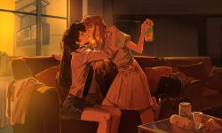  2girls absurdres artist_request bag bang_dream! bang_dream!_it's_mygo!!!!! beer_can black_hair blue_eyes blush brown_hair can commentary commission drink_can drunk english_commentary evening fanfiction_available handbag highres holding holding_can imminent_kiss long_hair multiple_girls nagasaki_soyo orange_sky parted_lips pink_eyes profile second-party_source shiina_taki short_sleeves sidelighting sitting skirt sky sleeves_rolled_up smile window yuri 