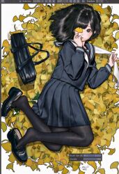  1girl bag black_eyes black_hair black_shoes blue_sailor_collar commentary_request full_body handbag holding leaf long_sleeves looking_at_viewer lying medium_hair neckerchief nizuma original outdoors pantyhose pleated_skirt sailor_collar sailor_shirt school_uniform serafuku shirt shoes skirt solo unworn_shoes 