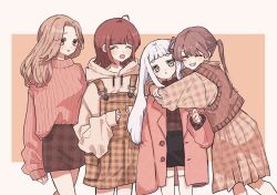  4girls :d :o ^_^ ahoge arm_at_side arms_around_neck black_skirt blunt_bangs blush brown_dress brown_eyes brown_hair brown_overalls brown_skirt brown_sweater brown_sweater_vest closed_eyes coat commentary_request curtained_hair drawstring dress eyes_visible_through_hair feet_out_of_frame gingham_clothes gingham_overalls gingham_skirt gingham_sweater grin hand_up hands_up hatopippi45 head_tilt heads_together highres hood hood_down hooded_sweater hug long_hair long_sleeves looking_at_another medium_hair miniskirt multiple_girls open_clothes open_coat open_mouth orange_background original overall_skirt overalls parted_bangs parted_lips pink_coat pink_eyes pink_sweater plaid_clothes plaid_dress puffy_long_sleeves puffy_sleeves raised_eyebrows ribbed_sweater short_eyebrows simple_background skirt sleeves_past_wrists smile standing surprise_hug surprised sweater sweater_partially_tucked_in sweater_vest thick_eyebrows twintails two-tone_background v-shaped_eyebrows white_background white_hair 