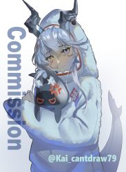  1girl 1other absurdres alternate_costume anger_vein animal_costume animal_hood black_horns blue_eyes closed_mouth commentary commission english_commentary english_text fins fish_tail grey_hair hair_between_eyes heterochromia highres hood horns hoshimi_miyabi kai798 long_hair long_horns looking_at_viewer miyaboo_(zenless_zone_zero) shark_costume shark_hood shark_tail sharp_teeth simple_background star_(symbol) sunbringer_(original)_(zenless_zone_zero) symbol-shaped_pupils tail teeth twitter_username upper_body white_background yellow_eyes zenless_zone_zero 