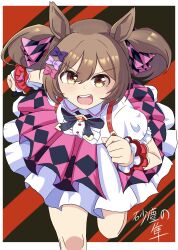  1girl absurdres animal_ears black_bow blush bow breasts brown_eyes brown_hair center_frills commentary_request frills hair_between_eyes hair_bow highres horse_ears horse_girl looking_at_viewer mgr3na2sup_6 open_mouth pink_bow pink_skirt puffy_short_sleeves puffy_sleeves purple_bow red_wrist_cuffs running shirt short_sleeves skirt smart_falcon_(love_4ever)_(umamusume) smart_falcon_(umamusume) solo suspender_skirt suspenders teeth twintails umamusume upper_teeth_only white_shirt wrist_cuffs 