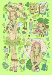  1girl black_socks bracelet candy cellphone cellphone_charm charm_(object) clover commentary_request diary fancy_dessert flip_phone food four-leaf_clover green_background green_eyes green_skirt haruno_sakura heart heart_print holding holding_leaf holding_umbrella hood hood_up hugging_own_legs jewelry leaf lollipop loose_socks multiple_bracelets multiple_views naruto_(series) parasol parted_bangs parted_lips phone pink_hair pink_shoes print_shirt pudding red_shoes shirt shoes short_hair skirt snail sneakers socks solo standing striped_tank_top supermango714 tamagotchi tank_top umbrella water_drop 