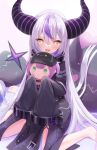  +_+ 1girl :d ahoge barefoot bibi_(tokoyami_towa) black_coat black_horns blush braid braided_bangs character_doll coat demon_girl demon_horns doll fang grey_hair hair_between_eyes highres holding holding_doll hololive horns izuno_(izunoyoshiki) la+_darknesss long_hair long_sleeves looking_at_viewer multicolored_hair open_mouth pointy_ears purple_hair purple_horns side_slit sitting skin_fang sleeves_past_fingers sleeves_past_wrists smile solo streaked_hair striped_horns tail tokoyami_towa very_long_hair virtual_youtuber wariza yellow_eyes 