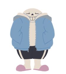  1boy 2020 2d anatomical_nonsense black_shorts blue_jacket closed_eyes digital_media full_body grey_hood hands_in_pockets hollow_eyes hood hood_down hooded_jacket humanoid jacket long_sleeves loutpott male male_focus male_only monster monster_boy no_lineart open_clothes open_jacket pink_slippers plump sans_(undertale) shirt shorts simple_background single_vertical_stripe skeleton slippers socks solo standing striped_clothes striped_shorts teeth transparent_background undead undertale utdr_(toby_fox) vertical-striped_clothes vertical-striped_shorts white_shirt white_socks white_stripes zipper 