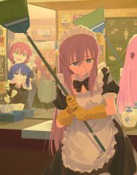  4girls absurdres apron black_bow black_bowtie black_dress blonde_hair blue_eyes blue_hair bocchi_the_rock! bow bowtie broom bug censored closed_eyes cockroach commentary_request cube_hair_ornament detached_collar dress gloves gotoh_hitori green_eyes hair_ornament highres holding holding_broom ijichi_nijika insect_on_hair jiankun_yu kita_ikuyo long_hair maid_apron maid_headdress mirror mosaic_censoring multiple_girls one_side_up pink_gloves pink_hair red_hair rubber_gloves short_hair tearing_up tissue_box white_apron white_headdress yamada_ryo yellow_gloves 