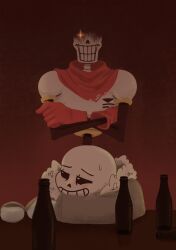  2019 2boys 2d arm_rest armor behind_another blue_jacket blue_shorts bottle brothers cape crossed_arms dark_background digital_media drunk duo fur-trimmed_jacket fur_trim gloves height_difference highres hollow_eyes humanoid jacket long_sleeves loutpott male male_focus male_only mittens monster monster_boy multiple_boys muted_color no_lineart open_clothes open_jacket papyrus_(undertale) red_background red_cape red_gloves revision sans_(undertale) shaded_face shorts siblings skeleton spine sweat table teeth undead undertale utdr_(toby_fox) white_armor white_fur white_mittens yellow_trim 