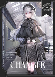  1girl absurdres beret black_capelet black_dress black_hat boots brown_boots capelet closed_mouth comiket_108 commentary_request cover cover_page dress grey_hair hair_between_eyes hat highres holding holding_suitcase indoors iren_lovel lace-up_boots lamppost long_hair looking_to_the_side original pink_eyes solo suitcase train train_station very_long_hair walking 