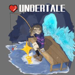  1other bandaged_hand bandages black_shorts black_socks blue_flower blue_sweater boots brown_boots brown_hair chinese_commentary closed_eyes commentary_request copyright_name dock double_horizontal_stripe echo_flower fishing_rod flower frisk_(undertale) heart highres pixel_heart qidian0509 red_soul_(utdr) shorts sitting socks soul_(utdr) sweater undertale utdr_(toby_fox) water 