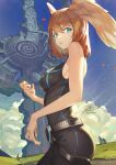  1girl bangs belt black_bodysuit blue_eyes blue_sky bodysuit breasts brown_wings clouds day eunie_(xenoblade) fadingz from_side hair_between_eyes head_wings highres lips long_hair looking_at_viewer medium_breasts outdoors parted_lips pixiv_id sideways_glance signature sky sleeveless solo wings xenoblade_chronicles_(series) xenoblade_chronicles_3 