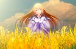  1girl bangs blonde_hair blush choker closed_eyes clouds cloudy_sky colette_brunel dress field gloves grin hair_between_eyes hands_on_own_chest highres jewelry long_hair looking_at_viewer open_mouth sky smile solo tales_of_(series) tales_of_symphonia tenryou_sena wind 