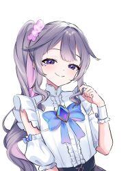  1girl absurdres blush bow commentary detached_sleeves double-parted_bangs english_commentary frills grey_hair hair_flaps hair_ornament hair_scrunchie highres hololive hololive_english koseki_bijou long_hair looking_at_viewer ponytail puffy_sleeves purple_bow scrunchie shirohodo sidelocks smile upper_body violet_eyes virtual_youtuber white_background 