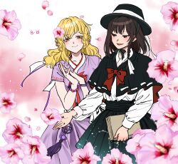  2girls adapted_costume asymmetrical_skirt black_capelet black_hat black_skirt blonde_hair blush book bow bowtie bracelet braid brown_eyes capelet check_clothing closed_mouth clothing_request collared_shirt commentary_request constellation_print cowboy_shot dated flower flower_request hair_flower hair_ornament hair_ribbon hanbok hat highres holding holding_book jewelry korean_clothes kuya_(hey36253625) long_hair long_sleeves maribel_hearn multiple_girls open_mouth own_hands_together pink_background pink_flower red_bow red_bowtie red_capelet ribbon ribbon-trimmed_capelet ribbon_trim shirt short_sleeves single_braid skirt smile sparkle touhou two-sided_capelet two-sided_fabric usami_renko white_shirt yellow_eyes 