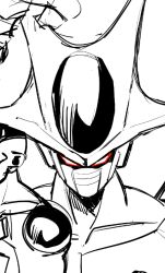  2boys alien collage commentary cooler_(fifth_form)_(dragon_ball) dragon_ball dragon_ball_z english_commentary final_form_frieza forehead_jewel frieza glowing glowing_eyes greyscale lineart male_focus mask monochrome mouth_mask multiple_boys muscular muscular_male no_pupils out_of_frame portrait red_eyes simple_background sketch teknodice white_background 