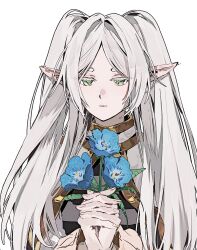  1girl blue_flower breasts capelet chinese_commentary commentary_request elf flower frieren green_eyes highres holding holding_flower long_hair own_hands_clasped own_hands_together parted_bangs pointy_ears praying ringein shirt short_eyebrows simple_background small_breasts solo sousou_no_frieren straight-on striped_clothes striped_shirt twintails upper_body white_background white_capelet white_hair 