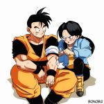 1boy 1girl :o artist_name bad_id bad_twitter_id bandaged_arm bandages bandaid bandaid_on_arm bandaid_on_face black_footwear black_hair black_pants black_shirt black_wristband blue_eyes blue_jacket blush bonobq boots dirty dirty_arm dirty_face dougi dragon_ball dragon_ball_z hair_ornament hair_scrunchie hair_strand highres jacket long_hair looking_at_another low_twintails muscular muscular_male on_ground orange_pants orange_shirt pants scar scar_across_eye scrunchie shirt simple_background sitting smile son_gohan_(future) twintails v-shaped_eyebrows videl white_background wrapping wristband yellow_footwear yellow_scrunchie yellow_shirt