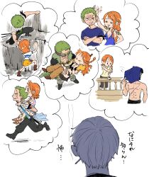  >_< 1girl 2boys arabian_clothes bandana_around_arm bangle bare_shoulders blue_dress blue_shirt boots bracelet braid brown_boots brown_loincloth bruise bruise_on_arm bruise_on_face bruise_on_leg capelet carrying cigarette clima-tact climbing closed_eyes commentary_request crop_top crossed_arms dress eye_mask from_side fur_leg_warmers green_hair hand_on_another's_head haramaki harem_outfit headpat highres holding holding_staff injury jas_(jasjasjasart) jewelry leg_warmers loincloth long_hair mask miniskirt multiple_boys multiple_braids multiple_views nami_(one_piece) official_alternate_costume official_alternate_hairstyle one_eye_closed one_piece open_mouth orange_hair piggyback princess_carry profile reaching reaching_towards_another roronoa_zoro running sandals sanji_(one_piece) scar scar_across_eye scar_on_chest scar_on_face shirt short_hair short_sleeves shoulder_tattoo skirt speech_bubble staff tattoo thought_bubble throwing topless_male torn_clothes torn_skirt translation_request white_shirt yellow_capelet yellow_shirt yellow_skirt 