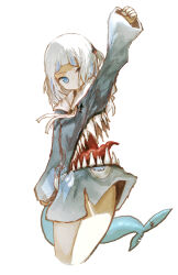  1girl absurdres advarcher animal_hood arm_up blue_eyes blue_hair blue_hoodie blue_streaks blue_tail blunt_bangs clenched_hand commentary english_commentary extra_mouth fins fish_tail gawr_gura gawr_gura_(1st_costume) grey_hair highres hololive hololive_english hood hoodie multicolored_hair shark_girl shark_hood shark_print shark_tail sharp_teeth simple_background solo stomach_mouth streaked_hair tail teeth tongue two_side_up virtual_youtuber white_background white_hair 