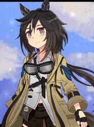  1girl animal_ears black_gloves black_hair black_pants blush brown_eyes brown_hair closed_mouth coat ear_covers fingerless_gloves gloves goggles goggles_around_neck hair_between_eyes highres horse_ears horse_girl horse_tail long_hair mgr3na2sup_6 multicolored_hair pants shirt smile solo stay_gold_(sunlit_outsider)_(umamusume) stay_gold_(umamusume) tail torn_clothes torn_pants umamusume white_hair white_shirt yellow_coat 