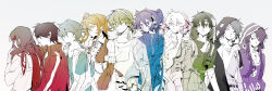  5boys 5girls absurdres anao_(moka-ko) apron bare_shoulders black_coat blonde_hair blue_eyes blue_hair blue_jacket blue_shirt braid bright_pupils brown_hair center_frills closed_mouth coat collared_dress colored_eyelashes commentary crown_braid detached_sleeves dress ene_(kagerou_project) frilled_dress frills green_hair green_shirt grey_eyes grey_hair hair_between_eyes hair_ornament hairband hairclip hand_on_own_chest hand_up hands_in_pockets headphones highres hood hood_up hooded_coat hooded_shirt hoodie jacket kagerou_project kano_shuuya kido_tsubomi kisaragi_momo kisaragi_shintarou konoha_(kagerou_project) kozakura_marry long_sleeves low_ponytail multiple_boys multiple_girls open_clothes open_coat open_vest orange_dress orange_eyes orange_hair parallel_hairclips parted_lips pink_eyes pink_hairband pink_ribbon ponytail purple_hair purple_hoodie rainbow_order red_jacket red_scarf ribbon scarf seto_kousuke shirt short_hair short_ponytail side_braid side_ponytail simple_background smile spot_color tateyama_ayano track_jacket twintails upper_body vest violet_eyes white_background white_pupils wing_collar yellow_eyes 