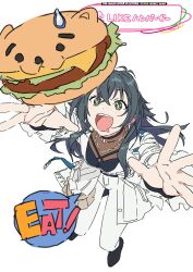  +_+ 1girl :d album_cover_redraw burger comedic_sweatdrop commentary_request derivative_work drooling food gakuen_idolmaster green_eyes green_hair hajime_(idolmaster) highres idolmaster jacket long_hair mouth_drool official_alternate_costume open_mouth pants parody simple_background smile solo speech_bubble taku1122 tsukimura_temari white_background white_jacket white_pants 