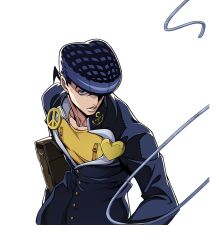  1boy alpha_transparency anchor_symbol bag blue_eyes blue_hair diamond_wa_kudakenai earrings gakuran hair_over_one_eye heart higashikata_josuke jewelry jojo_no_kimyou_na_bouken male_focus official_art parted_lips peace_symbol school_bag school_uniform smile solo string stud_earrings transparent_background upper_body zipper 