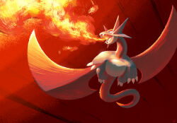  breath_weapon breathing_fire claws dragon ewokakukaede fangs fire flying highres no_humans pokemon pokemon_(creature) pokemon_focus red_wings salamence tail wings 