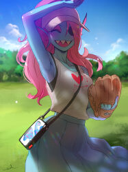  1girl 2d absurdres anthro armpits baseball_cap baseball_glove bilingual_commentary black_eyepatch blue_skin blue_skirt breasts closed_eyes clouds collarbone colored_sclera colored_skin colored_teeth digital_media ear_fins eyepatch female female_only fins fish fish_girl grass hat head_fins heart highres long_hair mixed-language_commentary monster monster_girl noah_(tettsui-sole) open_mouth pink_hair red_hair sharp_teeth skirt sky slit_pupils smile solo sweat teeth undertale undyne utdr_(toby_fox) yellow_sclera yellow_teeth 