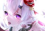  1girl absurdres close-up fangs highres hololive horns long_hair looking_at_viewer mask mask_on_head multicolored_hair nakiri_ayame oni oni_horns oni_mask open_mouth portrait redhead solo streaked_hair urotare violet_eyes virtual_youtuber white_hair 