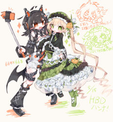  2girls absurdres animal_ear_headphones animal_ears arm_belt asymmetrical_footwear asymmetrical_legwear asymmetrical_sleeves bandaid bandaid_on_leg bare_shoulders bat_wings belt belt_collar black_bow black_bowtie black_capelet black_choker black_hair black_nails black_shoes black_sweater blonde_hair bonnet bow bow_flower bowtie capelet cat_ear_headphones cat_ears cellphone choker collar commentary_request cross-laced_clothes cross-laced_dress dated dress eyeball_hair_ornament fake_animal_ears flower flower-trimmed_dress flower-trimmed_skirt frilled_capelet frilled_dress frilled_skirt frilled_sleeves frills full_body green_bonnet green_eyes green_shoes hair_flower hair_ornament happy_birthday headphones highres holding layered_dress leg_belt lolita_fashion long_hair long_sleeves loose_socks mahou_shoujo_no_majo_saiban mismatched_footwear multicolored_hair multiple_girls nail_polish off-shoulder_sweater off_shoulder open_mouth orange_eyes orange_nails orange_streaks phone rose sawatari_coco selfie_stick shirt shoes short_hair simple_background single_thighhigh skirt skull sleeveless sleeveless_shirt smartphone socks sparkle streaked_hair striped_clothes striped_sleeves striped_thighhighs stuffed_animal stuffed_cat stuffed_toy sweater thigh-highs tono_hanna translation_request twintails two-tone_dress unnmo_1102 white_background white_flower white_rose white_shirt white_skirt white_socks wide_sleeves wings yellow_flower yellow_rose yuri 
