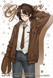  1boy 1mingk :d absurdres arm_at_side arm_behind_head arthropod_limbs black-framed_eyewear brown_eyes brown_hair brown_hoodie brown_necktie character_name collared_shirt cowboy_shot drawstring drop_shadow english_text flying_sweatdrops glasses gregor_(project_moon) grey_pants grid_background hair_bun hand_in_own_hair highres hood hood_down hoodie limbus_company looking_to_the_side male_focus name_tag necktie one_eye_closed open_clothes open_hoodie open_mouth pants parted_hair project_moon school_uniform semi-rimless_eyewear shirt shirt_partially_tucked_in side_part smile solo sparkle white_shirt 