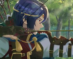  1boy alcryst_(fire_emblem) archery_shooting_glove arrow_(projectile) blue_hair bow_(weapon) circlet closed_mouth commentary_request drawing_bow fire_emblem fire_emblem_engage from_side gem gloves highres holding holding_arrow holding_bow_(weapon) holding_weapon looking_ahead male_focus outdoors partially_fingerless_gloves red_eyes red_gem short_hair tree upper_body watermark weapon zuguroman 