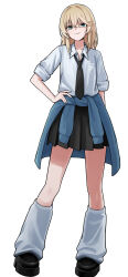  1boy alternate_costume black_necktie black_shoes black_skirt blonde_hair blue_eyes breast_pocket bridget_(guilty_gear) closed_mouth clothes_around_waist collared_shirt crossdressing crossdressing_(mtf) execneet full_body guilty_gear highres long_sleeves loose_necktie male_focus medium_hair necktie pleated_skirt pocket shirt shoes simple_background skirt sleeves_rolled_up smile socks sweater sweater_around_waist tube_socks white_background white_shirt white_socks 