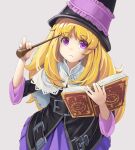  1girl bangs black_headwear black_jacket blonde_hair book capelet closed_mouth commentary_request frilled_skirt frills grey_background grimgrimoire hands_up hat holding holding_book holding_wand jacket lillet_blan long_hair long_sleeves looking_at_viewer open_book purple_skirt simple_background skirt solo very_long_hair violet_eyes wand wapokichi white_capelet wide_sleeves 