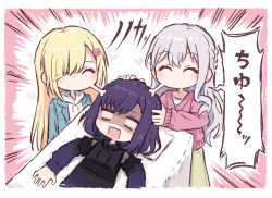  3girls ^_^ bang_dream! bang_dream!_yumemita blank_eyes blonde_hair blue_jacket border cardigan cat_hair_ornament closed_eyes commentary_request dress fuji_miyako gradient_clothes gradient_dress grey_hair hair_ornament highres hood hoodie imminent_kiss jacket long_hair medium_hair miyanaga_nonoka multiple_girls nakamachi_arale open_clothes open_jacket pink_background pink_cardigan puckered_lips purple_dress purple_hair shaded_face speech_bubble translation_request white_border white_hoodie yukitake_(bullfalk) 