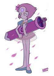  1girl commentary dress english_commentary flower forehead_jewel frown full_body gem gem_(steven_universe) hair_flower hair_ornament half-closed_eyes homeworld_gem_uniform kiana_mai looking_down official_alternate_costume pearl_(original_form)_(steven_universe) pearl_(steven_universe) pink_hair pointy_nose puffy_short_sleeves puffy_sleeves rose's_sword_(steven_universe) short_hair short_sleeves standing steven_universe 
