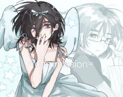  1girl adjusting_eyewear alien_stage black_hair black_shirt commission dilated_pupils dress glasses hair_ribbon hand_on_eyewear hand_on_own_face highres medium_hair official_alternate_costume qidian0509 ribbon shirt sleeveless sleeveless_dress star_(symbol) sua_(alien_stage) violet_eyes white_dress white_ribbon white_wings wings 