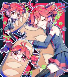  1girl ahoge arm_tattoo baguette black_border black_shirt black_skirt black_thighhighs blush blush_stickers body_pillow border bread chibi collared_shirt commentary_request detached_sleeves double-parted_bangs downwards_triangle_mouth drill_hair drooling eating food food_costume grid_background hair_between_eyes hair_wagging headphones headset highres kasane_teto kasane_teto_(utau) mouth_drool multiple_views oda_kogane outside_border pillow pleated_skirt red_background red_eyes red_hair red_trim shirt skirt sleeping sleeveless sleeveless_shirt smile sparkle tattoo thigh-highs triangle_mouth twin_drills utau zzz 