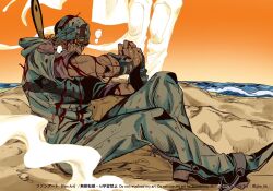  2boys artist_name bandana beach blonde_hair blood blood_on_arm blood_on_clothes blood_on_face blue_hoodie blue_pants boots commentary crying crying_with_eyes_open english_commentary fine_art_parody from_side full_body ghost gyro_zeppeli highres hood hoodie horseshoe_hat_ornament horseshoe_ornament johnny_joestar jojo_no_kimyou_na_bouken keppon looking_ahead male_focus multiple_boys ocean on_ground orange_sky out_of_frame outdoors pants parody print_bandana print_pants print_shirt shirt short_sleeves sitting sky solo_focus spoilers spurs star_(symbol) star_print steel_ball_run tears the_fallen_angel_(painting) twitter_username water 