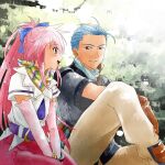 1boy 1girl arche_klein belt blue_eyes blue_hair blush bracelet chester_burklight couple earrings elbow_gloves gloves hair_ribbon jewelry kiyou_sumomo long_hair looking_at_another neckerchief open_mouth pants pink_eyes pink_hair pink_pants ponytail ribbon sitting smile tales_of_(series) tales_of_phantasia wariza wide_ponytail 