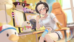  1girl bangs_pinned_back bird black-framed_eyewear black_hair black_shorts blue_eyes blush bottle breasts chair character_doll commentary_request crumbs doll food forehead gaming_chair glasses half-closed_eyes hareteruya highres holding holding_food hololive indoors lens_flare microphone minato_aqua monitor murasaki_shion nakiri_ayame off_shoulder on_chair oozora_subaru open_mouth plastic_bottle puffy_cheeks shirt short_hair short_shorts short_sleeves shorts single_off_shoulder sitting solo stuffed_toy subaru_duck subatomo_(big) subatomo_(small) swivel_chair table virtual_youtuber water_bottle white_shirt window yuzuki_choco 