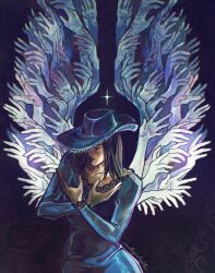 1girl black_hair cowboy_hat crossed_arms cutegirlsart devil_fruit_power dress extra_arms hands_up hat highres long_sleeves medium_hair nico_robin one_piece simple_background solo surrounded surrounded_by_hands wings